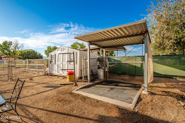 exterior space with a storage shed