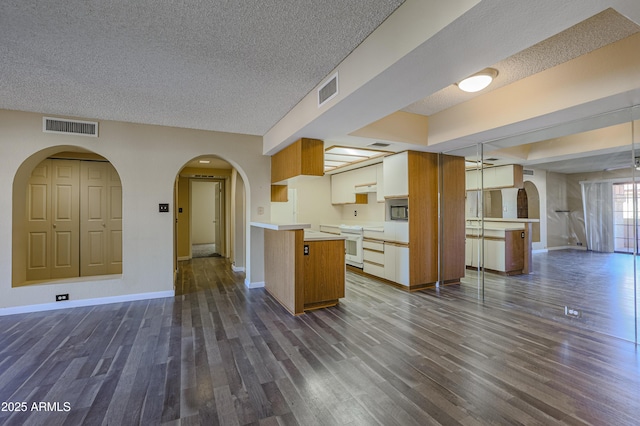 10410 N Cave Creek Rd Unit 2220, Phoenix, AZ 85020 - kitchen with open floor plan, a textured ceiling, arched walkways, dark wood-type flooring, and baseboards