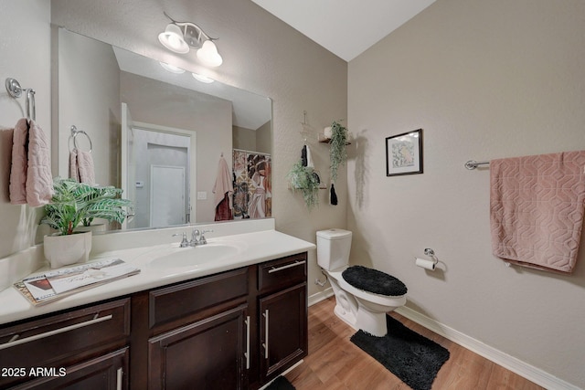 bathroom with wood-type flooring, toilet, and vanity