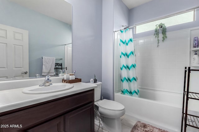 full bathroom with vanity, toilet, shower / bath combination with curtain, and tile patterned flooring