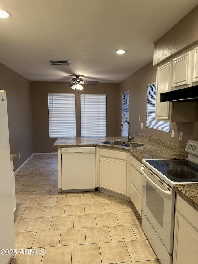 kitchen featuring white appliances, sink, ventilation hood, kitchen peninsula, and white cabinets