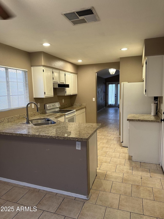 kitchen featuring stone countertops, white appliances, white cabinets, sink, and kitchen peninsula