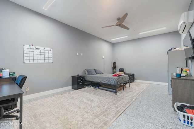 bedroom with ceiling fan and a wall mounted AC