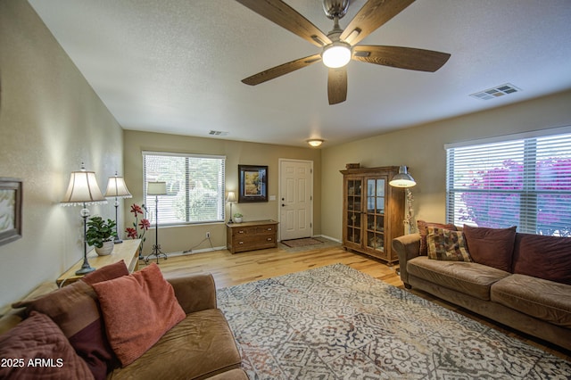 3790 W White Canyon Rd, San Tan Valley, AZ 85144 - living room with a ceiling fan, light wood finished floors, and baseboards