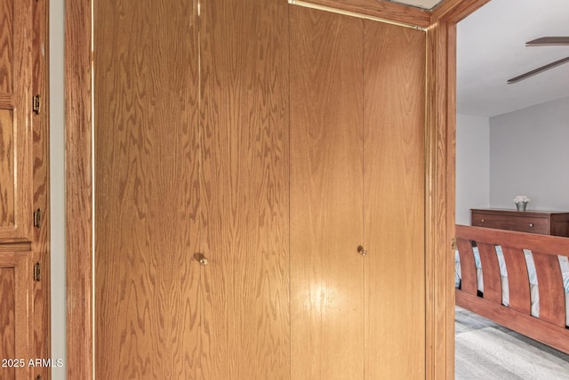 detailed view of carpet floors and a ceiling fan