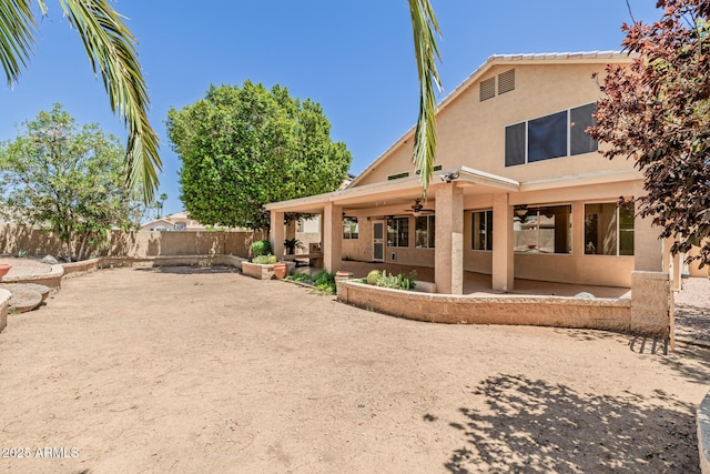 728 W Sandra Ter, Phoenix, AZ 85023 - rear view of house with a ceiling fan, stucco siding, a fenced backyard, and a patio area