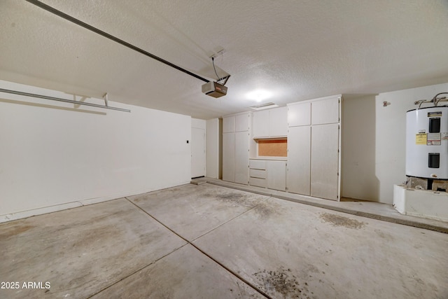 garage with a garage door opener and water heater