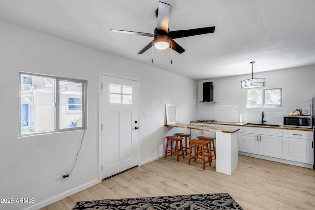 kitchen with exhaust hood, light wood-type flooring, stainless steel microwave, a sink, and backsplash