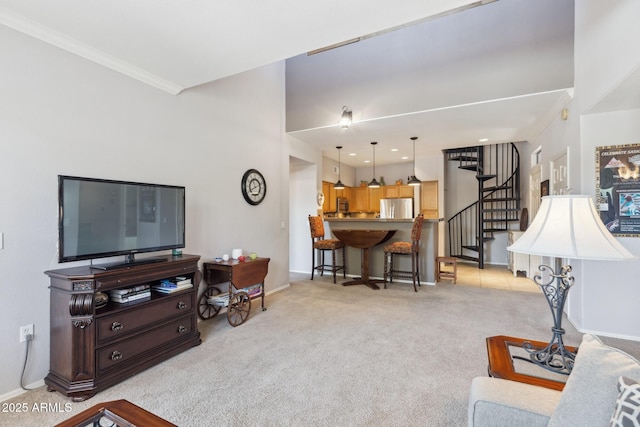 20100 N 78th Pl Unit 2193, Scottsdale, AZ 85255 - living area featuring stairway, light carpet, and crown molding