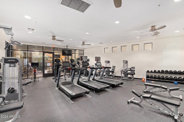 gym featuring ceiling fan