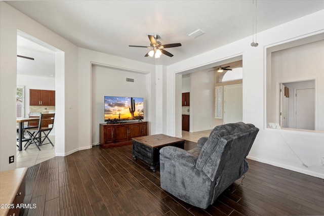 5005 E Baker Dr, Cave Creek, AZ 85331 - living room featuring baseboards, visible vents, wood finished floors, and ceiling fan