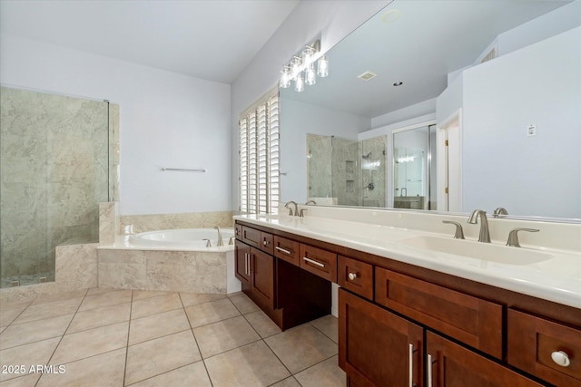 5005 E Baker Dr, Cave Creek, AZ 85331 - bathroom with a bath, a sink, a tile shower, and tile patterned floors