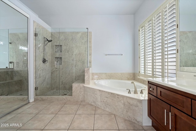 5005 E Baker Dr, Cave Creek, AZ 85331 - bathroom with a bath, tile patterned floors, vanity, and a stall shower