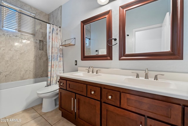 5005 E Baker Dr, Cave Creek, AZ 85331 - full bath featuring tile patterned floors, toilet, shower / tub combo with curtain, a sink, and double vanity