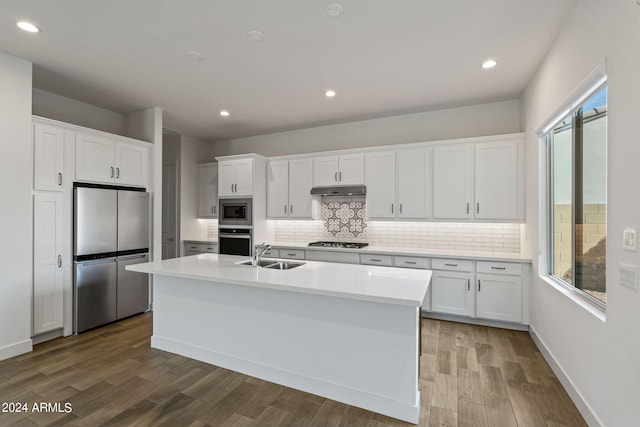 kitchen featuring stainless steel appliances, white cabinets, a kitchen island with sink, and a wealth of natural light