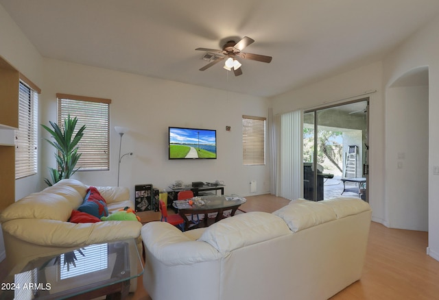 living room with ceiling fan, light hardwood / wood-style floors, and a wealth of natural light