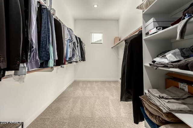 walk in closet featuring light carpet