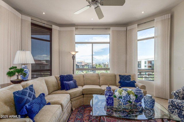 living room with recessed lighting, a healthy amount of sunlight, and ceiling fan