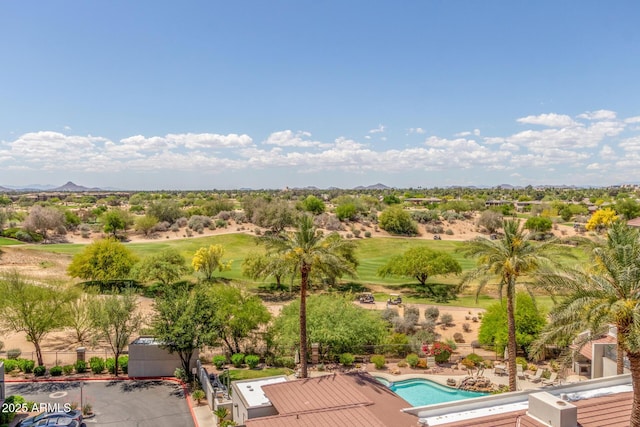 bird's eye view featuring a mountain view and view of golf course