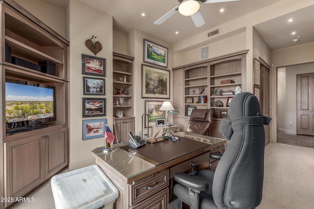 office area with recessed lighting, visible vents, ceiling fan, built in features, and light carpet