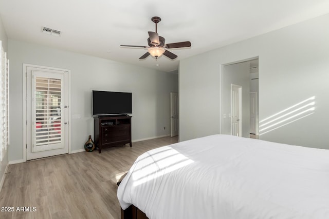 bedroom featuring light hardwood / wood-style floors and ceiling fan