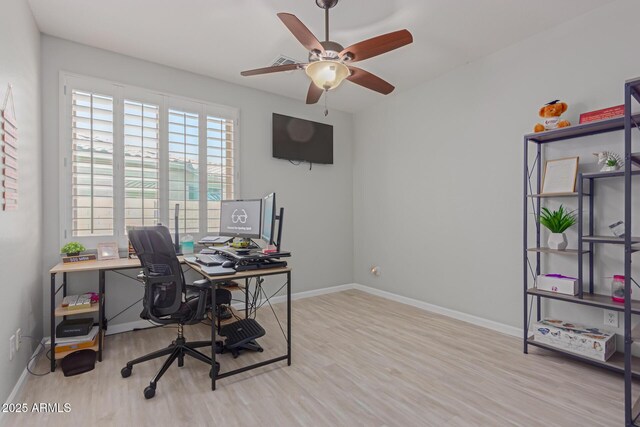 office featuring ceiling fan and light hardwood / wood-style floors