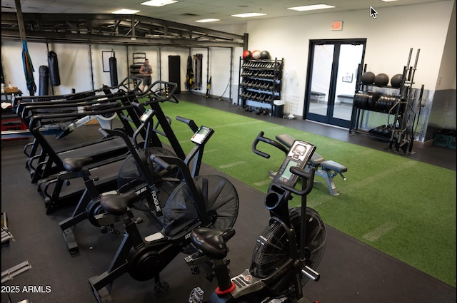 exercise room with carpet flooring and french doors