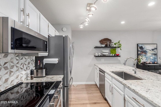 kitchen featuring appliances with stainless steel finishes, white cabinets, a sink, and backsplash