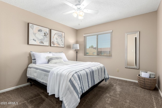 bedroom featuring a textured ceiling, baseboards, and carpet floors