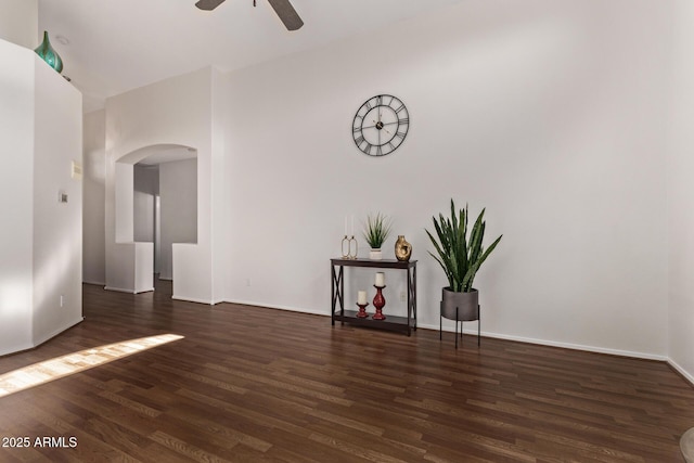 unfurnished room featuring ceiling fan and dark hardwood / wood-style flooring