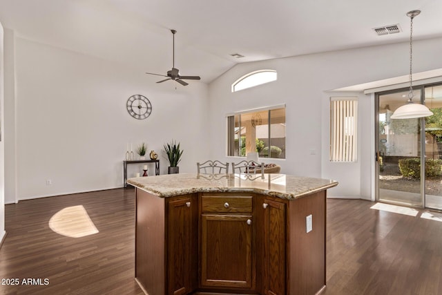 kitchen with lofted ceiling, dark hardwood / wood-style flooring, ceiling fan, and a kitchen island with sink