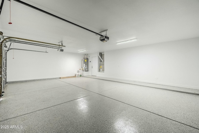 garage featuring water heater, baseboards, and a garage door opener