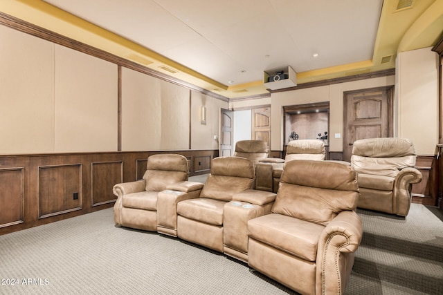 carpeted home theater room featuring a tray ceiling