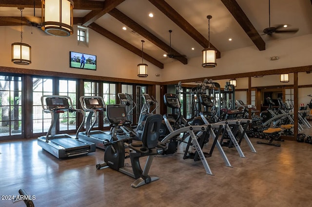 gym featuring high vaulted ceiling and ceiling fan