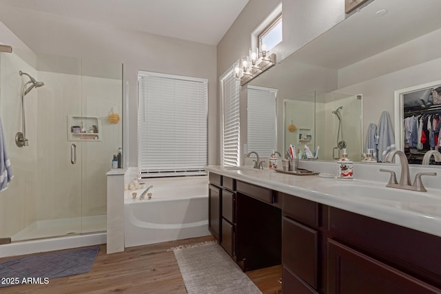 14806 E Crested Crown, Fountain Hills, AZ 85268 - full bathroom with a shower stall, a bath, double vanity, and wood finished floors
