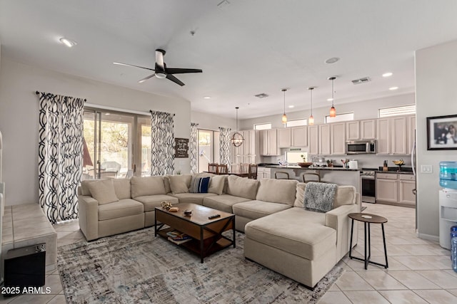 14806 E Crested Crown, Fountain Hills, AZ 85268 - living room with a ceiling fan, light tile patterned flooring, and recessed lighting