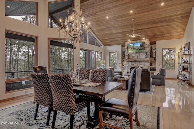 dining area with wood ceiling, a stone fireplace, and high vaulted ceiling