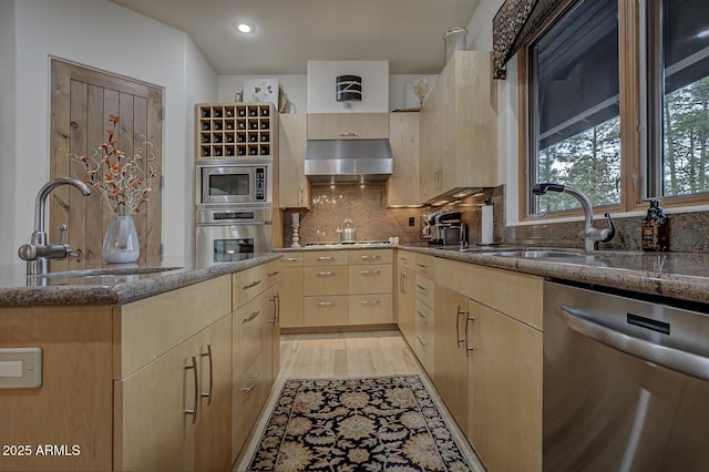 kitchen with a sink, exhaust hood, appliances with stainless steel finishes, and light brown cabinetry