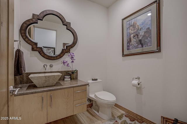 bathroom featuring toilet, vanity, and wood finished floors