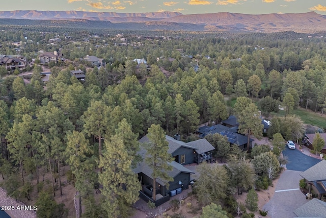 aerial view at dusk with a mountain view, a residential view, and a wooded view