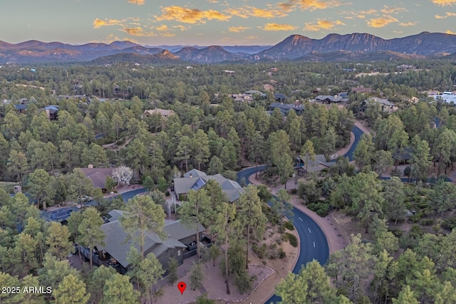 aerial view featuring a forest view and a mountain view