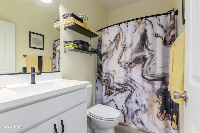 1463 W Pinkley Ave, Coolidge, AZ 85128 - bathroom with vanity, toilet, and a shower with shower curtain
