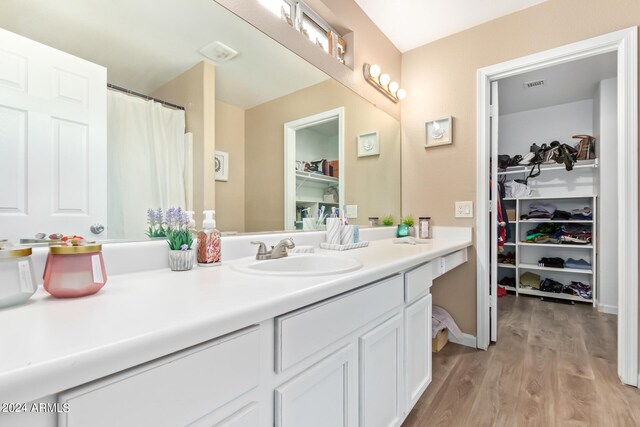 bathroom featuring large vanity and hardwood / wood-style flooring