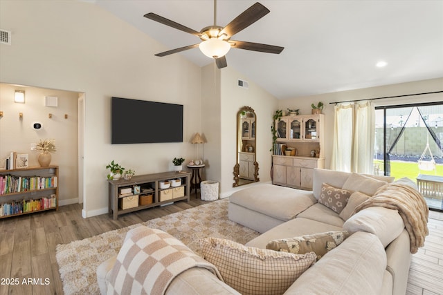 19039 N 47th Ave, Glendale, AZ 85308 - living area featuring ceiling fan, wood finished floors, baseboards, high vaulted ceiling, and recessed lighting