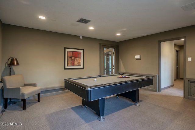 recreation room featuring recessed lighting, visible vents, light colored carpet, and billiards