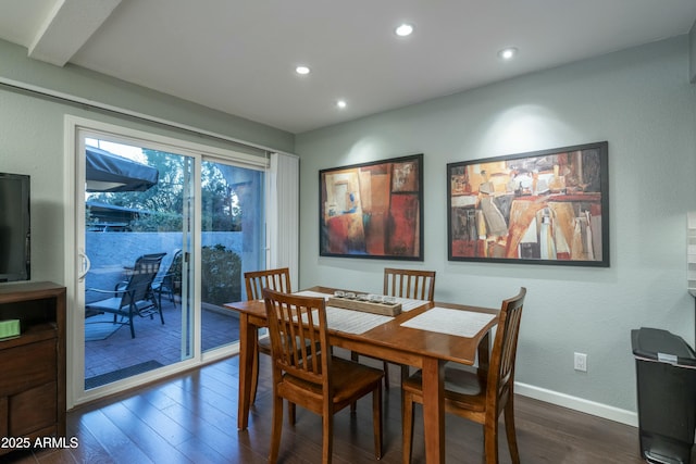 dining area with recessed lighting, baseboards, and dark wood-style flooring