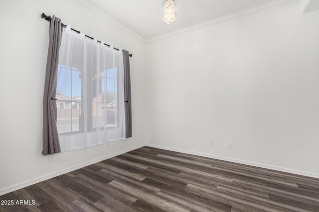 unfurnished room featuring dark wood-type flooring and ornamental molding