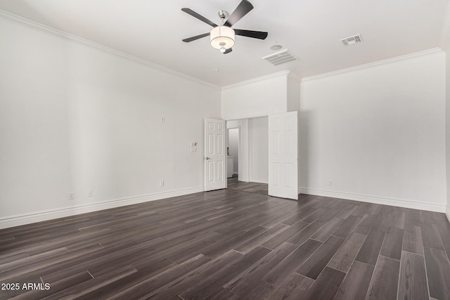 empty room featuring crown molding, ceiling fan, and dark hardwood / wood-style flooring