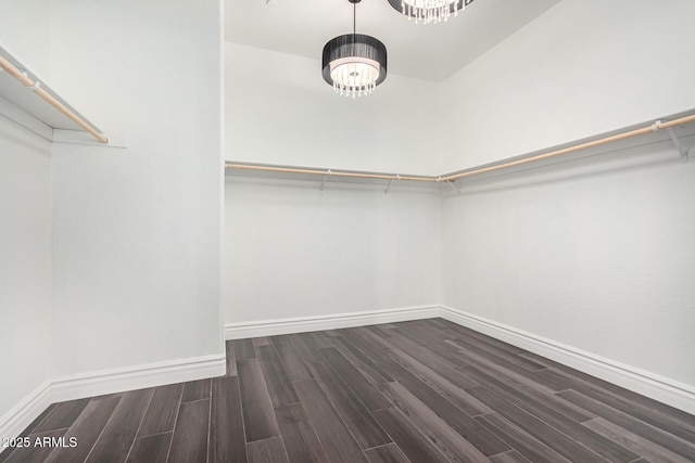 walk in closet with dark wood-type flooring and a chandelier