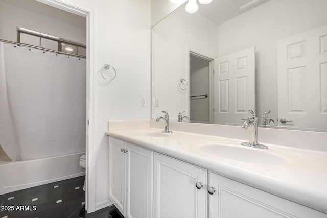 full bathroom with shower / bathtub combination with curtain, vanity, and toilet